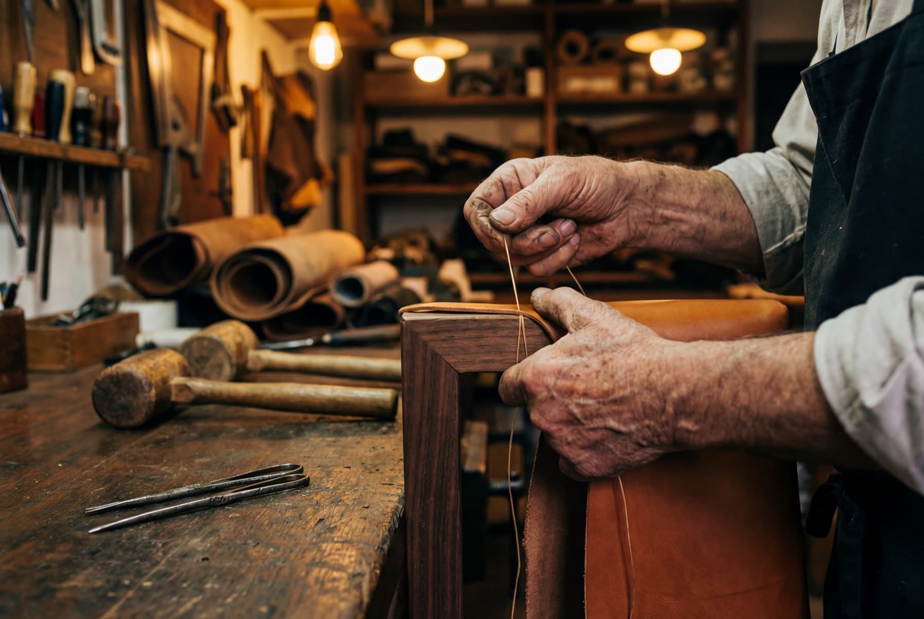 Master upholsterer at work on Italian leather in the BellaVero atelier